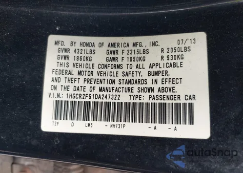 2013 Honda Accord Sport z USA, uszkodzony, nr VIN 1HGCR2F51DA247322